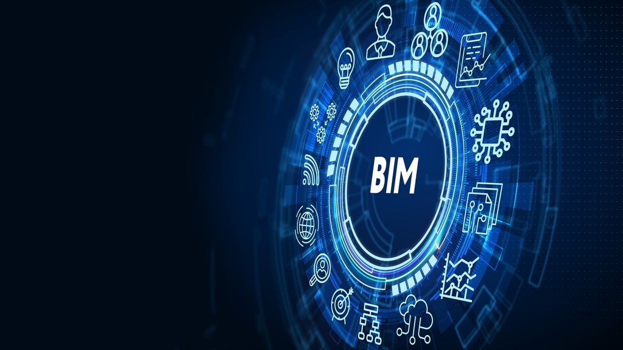Na imagem vemos um desenho tecnológico e em 3D com a sigla BIM no meio.