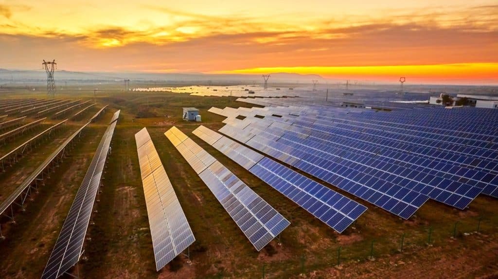 Paineis solares dispostos em um amplo terreno após projeto de energia solar